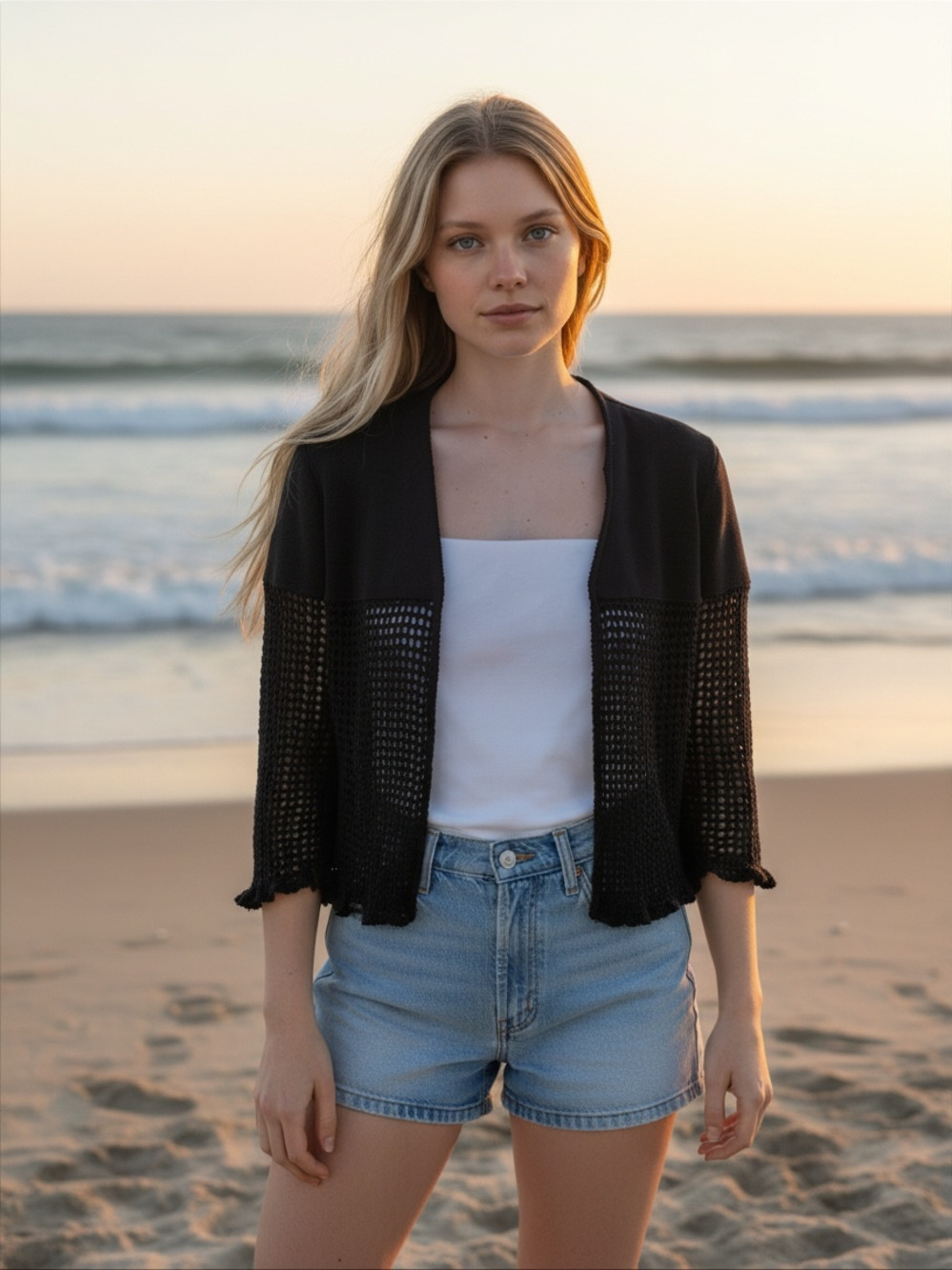 Worth Women's Black Cotton Blend Open-Knit Cropped Cardigan